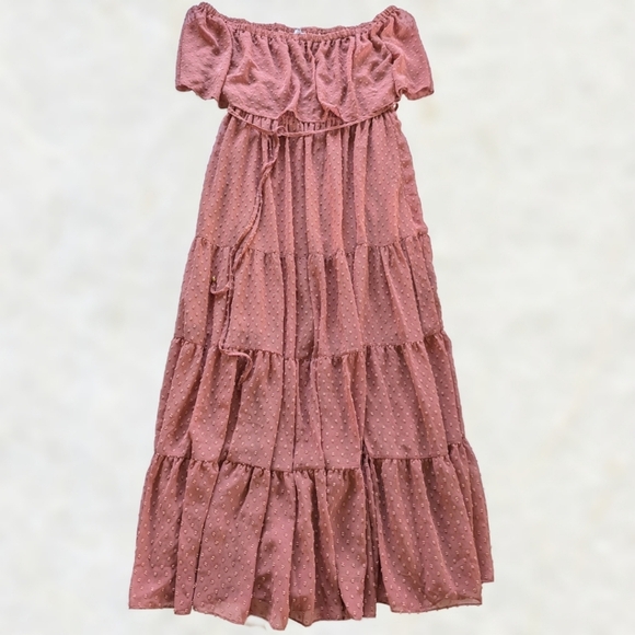 Baltic Born Swiss Dot Midi Maxi Dress Off-Shoulder Ruffle Dusty Mauve sz XXXL - Picture 3 of 10